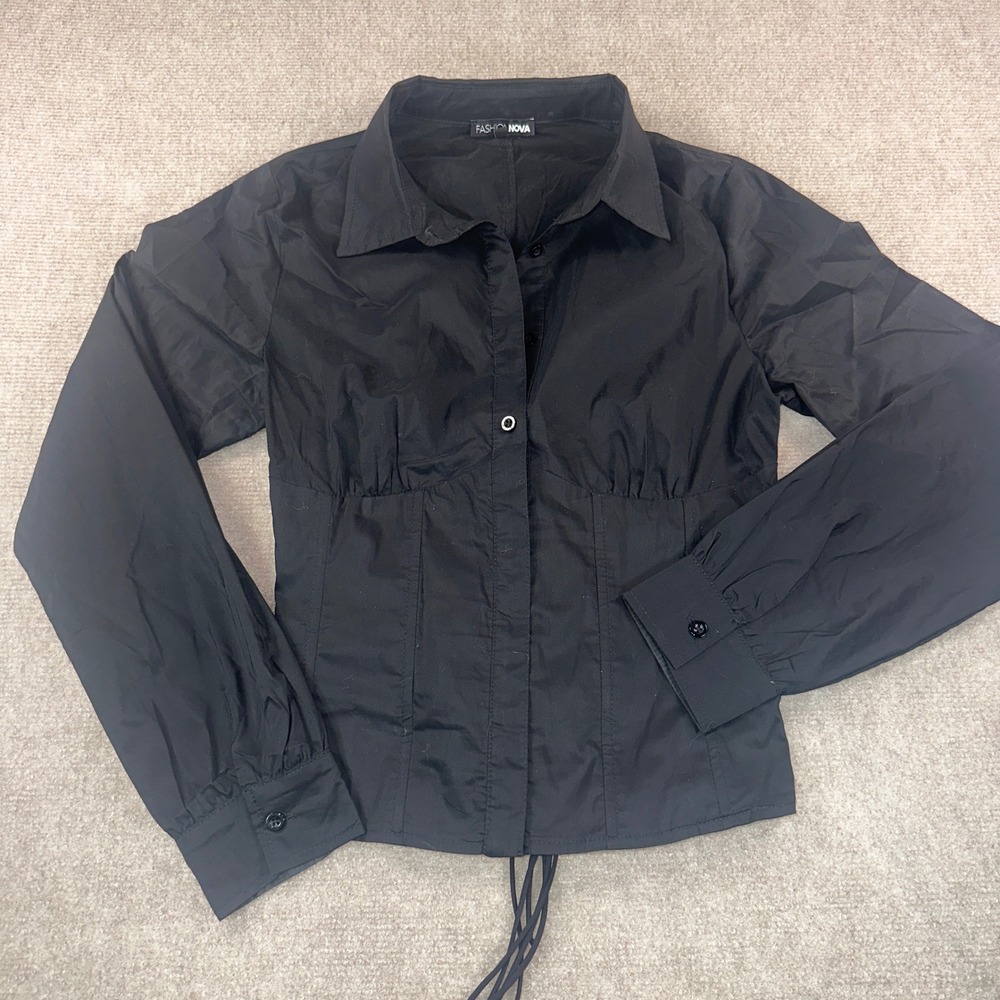 Fashion Nova Black Corset Lace Up Back Button Down Shirt Long Sleeve Top